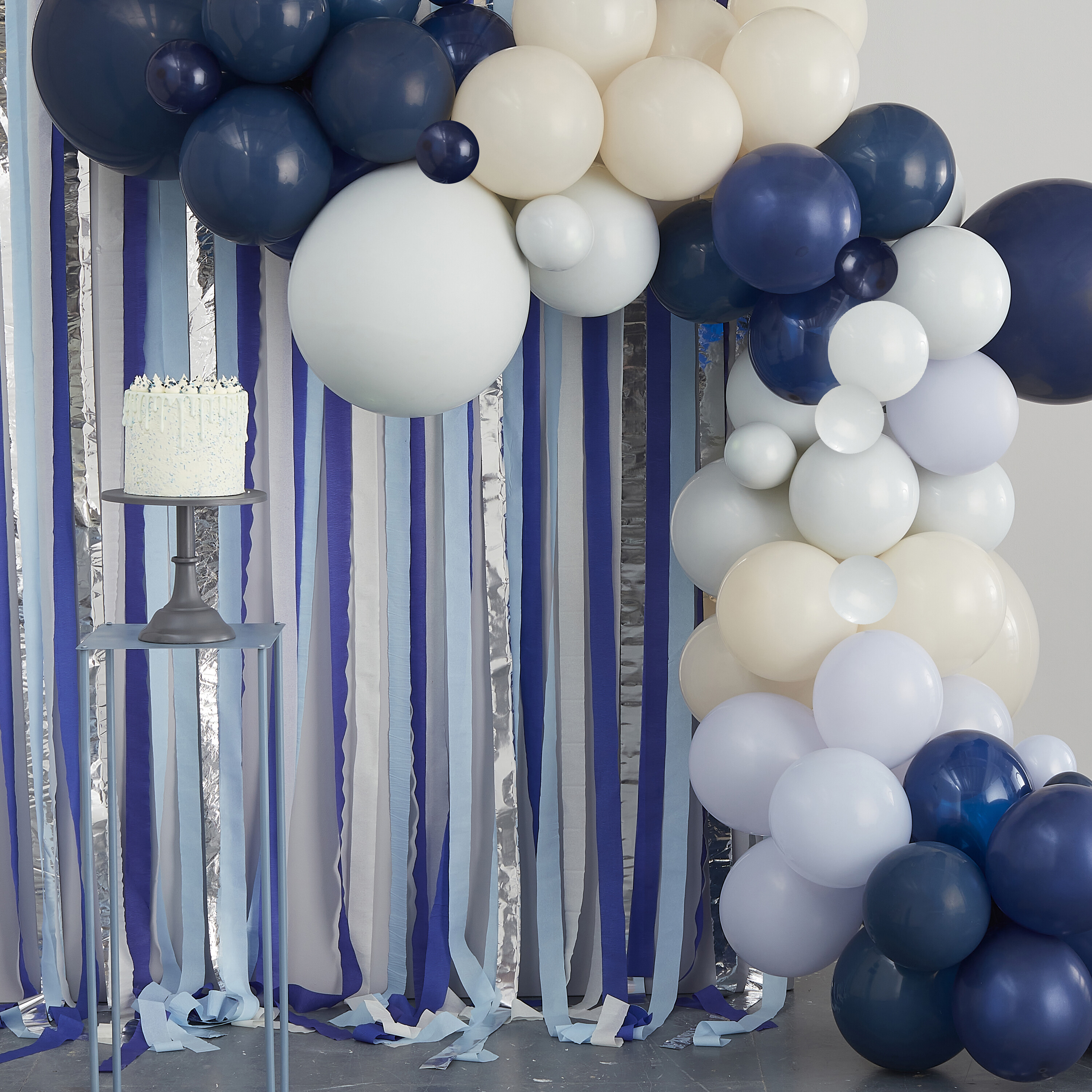 Blue, Cream & Silver Streamer and Balloon Arch Party Backdrop | Ginger Ray